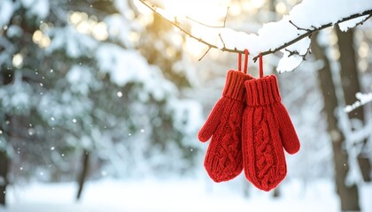 Red knitted mittens hanging on a snowy tree branch in the winter