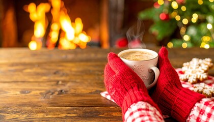 Hands in red mittens holding a warm coffee cup near a fireplace