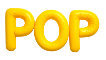 Yellow inflatable "POP" letters isolated on a transparent black background