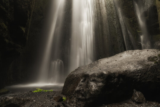 detail view of the hidden Gljufrabui Waterfall inside the canyon near the Seljalandsfoss Waterfall in southern Iceland