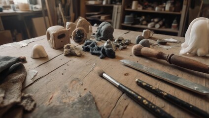 Workshop table, various craft objects, tools