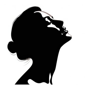 Minimalist black silhouette of a woman profile looking up, elegant female face contour illustration on white background