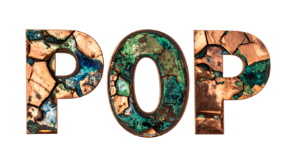 Text "POP" rendered with a cracked, aged copper texture against black