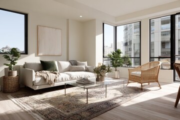 Fototapeta premium Bright white living room with oriental rug, gray sofa and rattan armchair