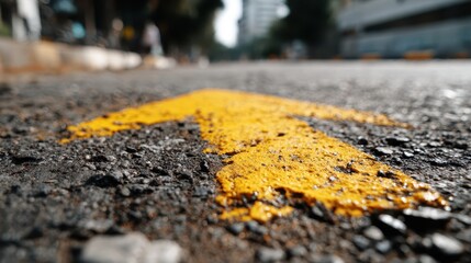 Bright yellow arrow painted on asphalt pointing toward the upper right