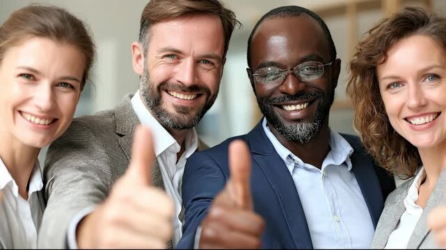 Happy diverse business team giving thumbs up and smiling together in a modern office