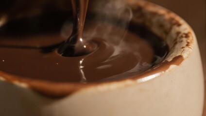 Hot chocolate being poured into a bowl. Steam rises
