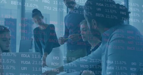 Animation of financial data processing over diverse business people in office - Powered by Adobe