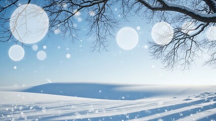 Snowy landscape with bare tree branches and falling snow snowflakes winter