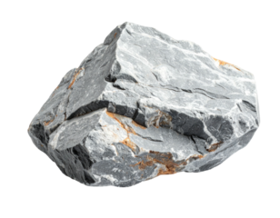 Close-up of a rugged, weathered gray stone with orange inclusions, isolated on black