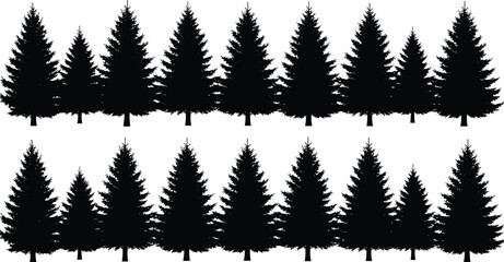 Black pine tree silhouette set, evergreen forest landscape collection, coniferous wood fir trees standing in row, isolated vector nature illustration, © Itz  Parvin