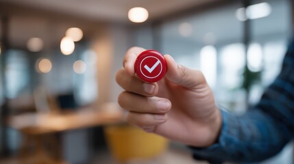 Business professional hand holding a red badge with a white check mark symbolizing approval