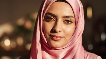 A person with brown eyes and a pink head covering looks forward highlighted by warm light