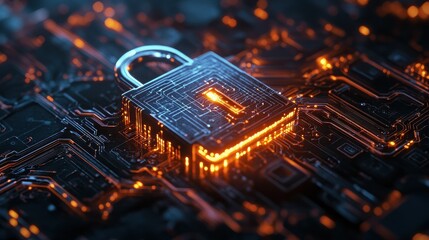Close up of digital padlock with glowing electric circuits on a dark background representing cybersecurity and data protection