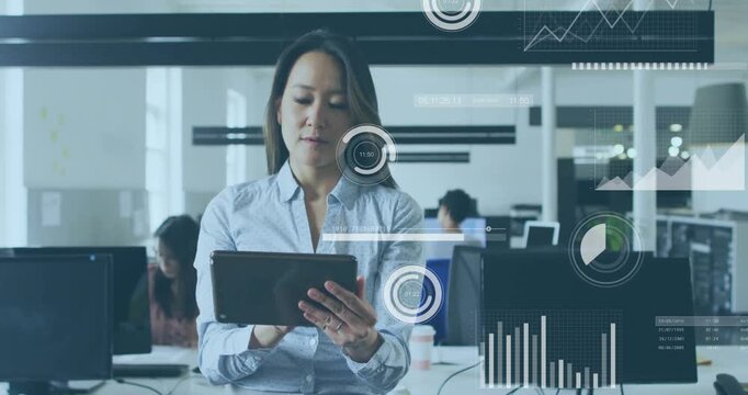 Animation of financial data processing over businesswoman using tablet in office