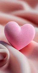 Soft pink heart resting on gentle fabric creates a serene and romantic atmosphere