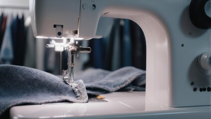 Close-up of a sewing machine stitching denim