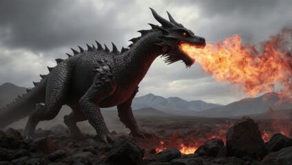 Dark dragon spewing flames over volcanic landscape