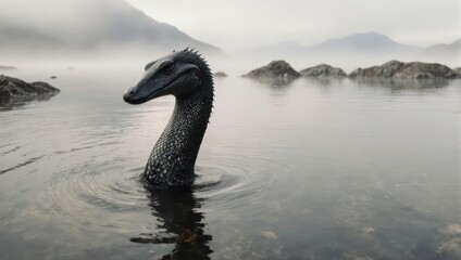 Dark creature with long neck emerges from misty lake