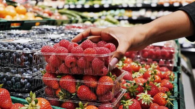 A persons hand reaches for clear plastic containers filled with fresh raspberries and strawberries next to stacks of blueberries in a brightly lit produce aisle