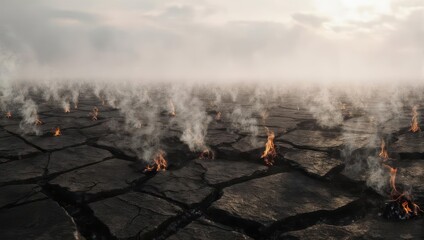 A cracked, desolate landscape. Small fires smoke rise in the distance.  A hazy sky