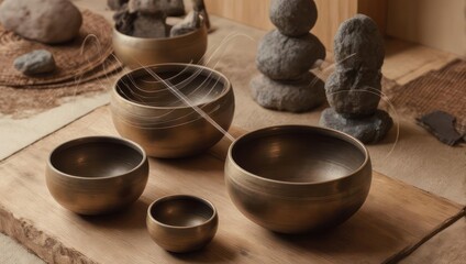 Several antique-looking brass singing bowls, various sizes, sit on a light-brown wooden surface.  Natural elements like stones and a woven mat are visible.  Soft, diffused light