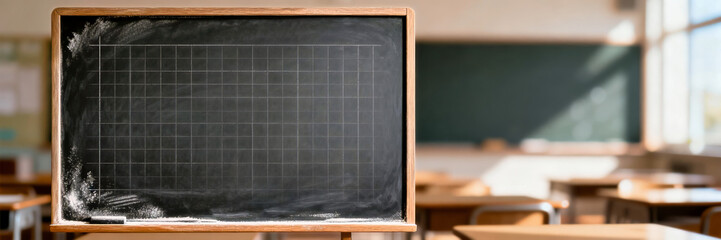 Empty blackboard with mathematics grid lines in a sunny classroom. Wooden chalkboard with chalk dust and eraser. Education background banner with copy space
