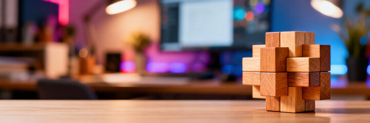 Wooden logic puzzle cube on a desk with copy space. Interlocking brain teaser blocks in a modern office workspace. Problem solving and analytical thinking concept banner