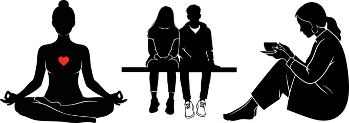 Collection of people silhouettes practicing yoga sitting dating