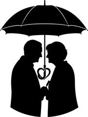 Elderly couple sharing umbrella heart shape under shelter and love
