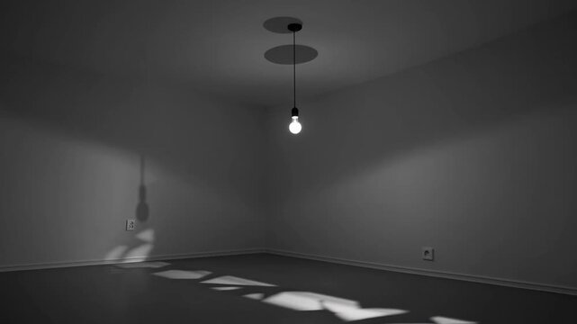 dimly lit empty room hanging bulb, long slatted shadows cross floor, stark grayscale mood, single pendant casts sharp corner reflection, suitable for detective interrogation set, photographer lighting
