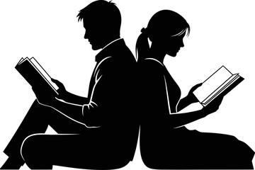 Man and woman reading books back to back together sharing knowledge