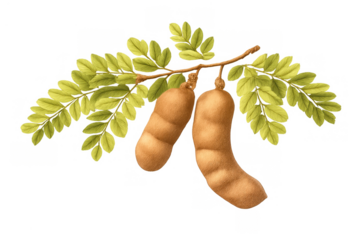 Tamarind fruits and leaves on a branch, tropical food ingredient and healthy snack, transparent background