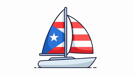 A stylized sailboat with sails patterned after the flag of Puerto Rico sails on a white background