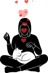 Person meditating with cat sleeping on lap hearts above