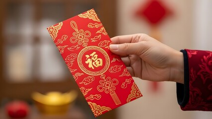 A hand holding a traditional red envelope with golden Chinese characters and patterns, symbolizing good fortune and blessings.