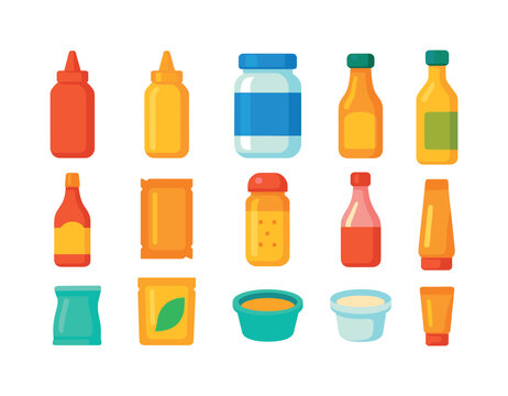 Colorful Condiment Icons. Condiment packaging. Colorful flat vector icons set of condiment packaging: ketchup squeeze bottle, mustard bottle, mayo jar, salad