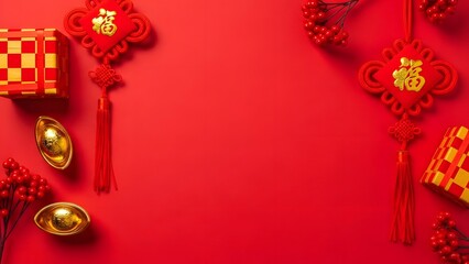 A vibrant red background adorned with traditional Chinese New Year decorations, including gold ingots, gift boxes, and lucky knots, symbolizing prosperity and good fortune.