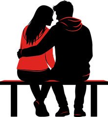 Silhouette couple sitting on bench embracing each other tightly