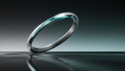 Sleek silver bracelet with turquoise inlay, reflecting on dark surface