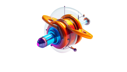 Stylized, colorful, and futuristic spaceship with glowing accents against black