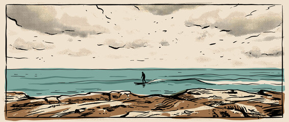 Comic book style illustration of a lone surfer riding a small wave in the calm ocean, depicted with a vintage halftone texture and a serene, minimalist aesthetic