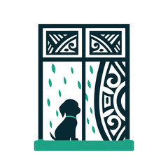 Puppy Looking Out Window in Rain with Tribal Pattern Vector