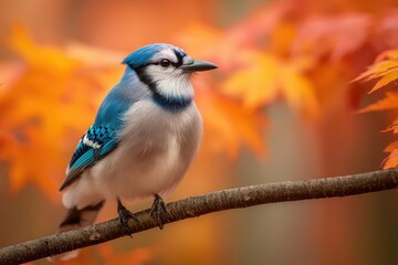 Obraz premium Calm woodland portrait of a blue jay in seasonal autumn tones
