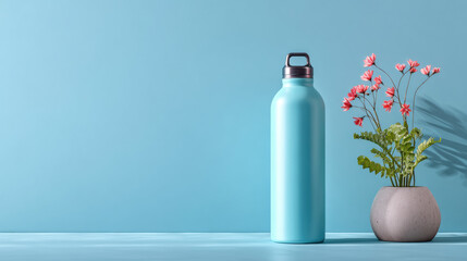 Soft Blue Background with Reusable Bottle and Plant Decoration