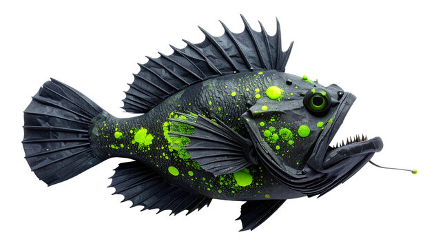 A digitally rendered, grotesque fish with green bioluminescence and sharp teeth