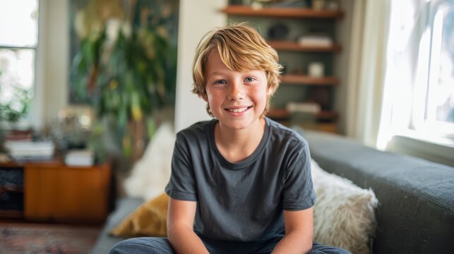 Candid indoor portrait of a smiling boy with a missing front tooth