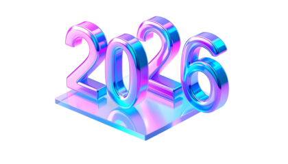3D-rendered year "2026" with iridescent, chrome-like finish on glass