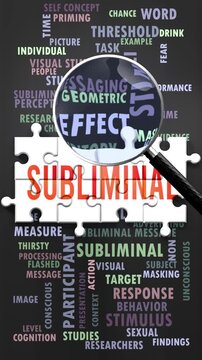 Subliminal under magnifying glass, being researched, studied and examined. Most important subjects and ideas related to subliminal written around a puzzle to symbolize complexity of subliminal.