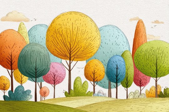 Cartoon tree doodles: cheerful naive art with friendly forest scenes